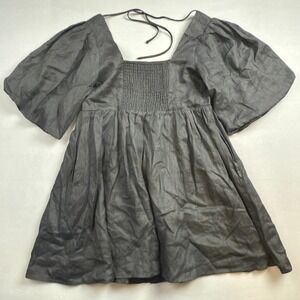 Seafolly Smocked Linen Mini Dress Square Neck Tie Back Flared Sleeve‎ Small